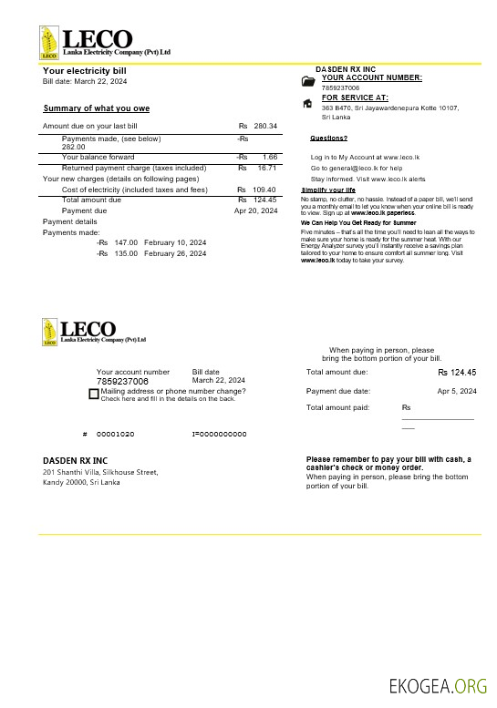 Modèle de facture de services publics d'électricité de la société LECO du Sri Lanka aux formats Word et PDF